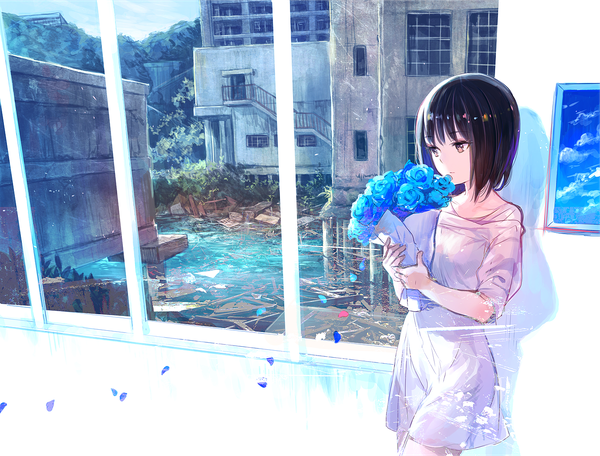 Anime picture 1378x1048 with original fuzichoco single fringe short hair black hair standing holding brown eyes looking away sky mountain ruins against wall abstract surreal overgrown girl dress flower (flowers)