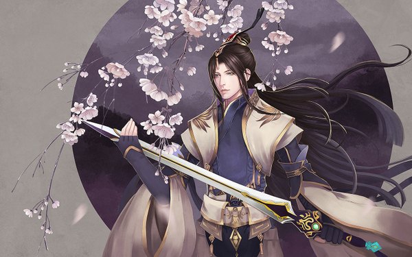 Anime picture 1500x938 with hazhangzhong single long hair black hair traditional clothes cherry blossoms chinese clothes silver eyes boy gloves hair ornament flower (flowers) weapon petals sword fingerless gloves branch
