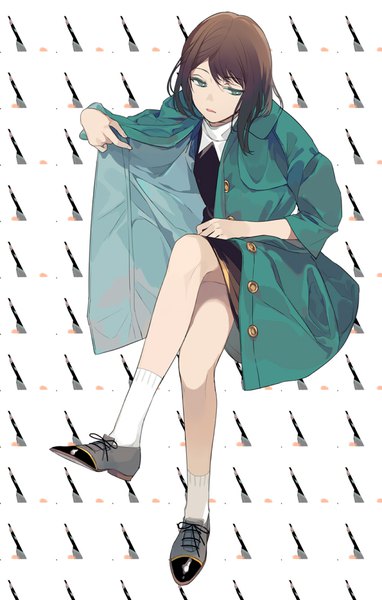 Anime picture 636x997 with original lowe (slow) single tall image short hair brown hair looking away full body aqua eyes crossed legs girl socks white socks cloak buttons