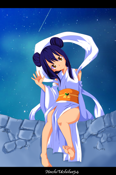 Anime picture 888x1339 with fairy tail wendy marvell getaxy single long hair tall image smile brown eyes blue hair traditional clothes japanese clothes night hair bun (hair buns) loli night sky legs coloring letterboxed shooting star girl