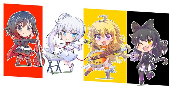 Anime picture 3200x1652 with rwby rooster teeth ruby rose weiss schnee blake belladonna yang xiao long iesupa long hair looking at viewer highres short hair open mouth blue eyes black hair simple background blonde hair wide image purple eyes multiple girls yellow eyes
