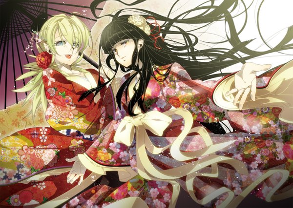 Anime picture 2088x1488 with hellsing alucard (hellsing) seras victoria wi (artist) long hair highres open mouth blue eyes black hair blonde hair red eyes multiple girls traditional clothes japanese clothes hair flower light smile wind pointy ears teeth orange eyes