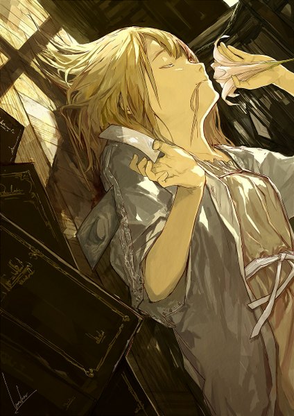 Anime picture 868x1228 with original loundraw single tall image fringe short hair blonde hair holding signed lying eyes closed shadow mouth hold girl dress flower (flowers) book (books) lily (flower) photo (object)