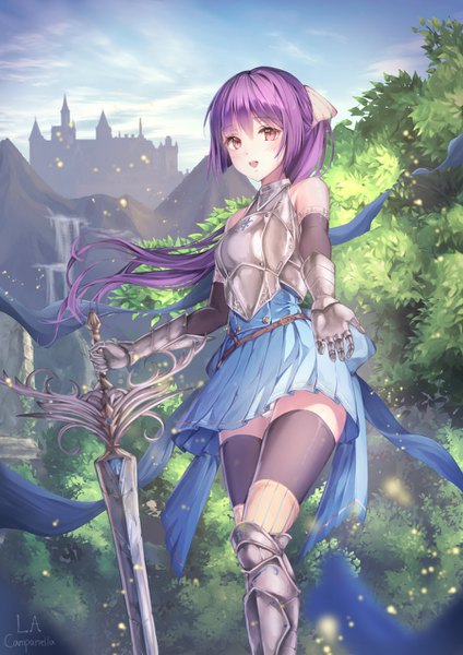 Anime picture 900x1273 with original la campanella single long hair tall image looking at viewer blush fringe open mouth light erotic smile hair between eyes red eyes bare shoulders holding signed sky purple hair cloud (clouds) outdoors