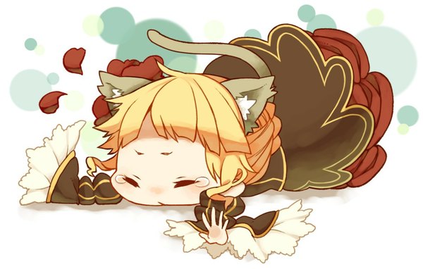 Anime picture 1175x750 with umineko no naku koro ni beatrice kouichirou (artist) single blonde hair simple background animal ears eyes closed cat ears cat tail tears chibi girl dress