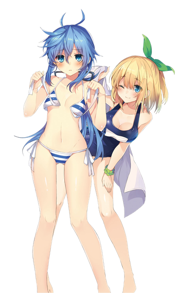 Anime picture 1191x1920 with rokudenashi majutsu kouji to akashic record lidenfilms rumia tingel ryiel rayford mishima kurone long hair tall image looking at viewer blush fringe short hair breasts blue eyes light erotic blonde hair smile hair between eyes standing bare shoulders multiple girls