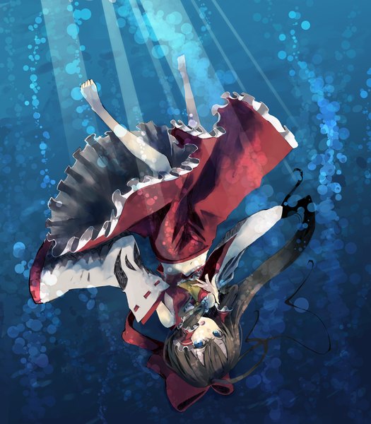 Anime picture 3500x4000 with touhou hakurei reimu yudough single long hair tall image looking at viewer highres open mouth blue eyes brown hair absurdres barefoot underwater falling girl skirt navel bow hair bow