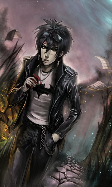 Anime picture 600x1000 with original ninjatic single tall image short hair black hair yellow eyes night open clothes open jacket tattoo scar pale skin hand in pocket face paint treble clef boy earrings animal jacket