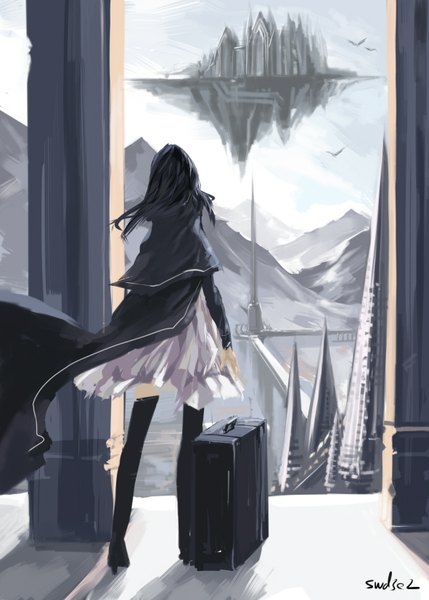 Anime picture 1181x1653 with original pixiv fantasia pixiv fantasia fallen kings paradise (character) swd3e2 single long hair tall image black hair standing signed sky indoors long sleeves wind from behind high heels monochrome mountain fantasy