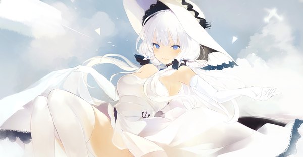 Anime picture 1700x884 with azur lane illustrious (azur lane) lpip single long hair looking at viewer blush fringe breasts open mouth blue eyes smile hair between eyes wide image twintails bare shoulders bent knee (knees) white hair low twintails dress lift