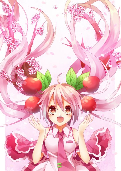 Anime picture 990x1399 with vocaloid hatsune miku sakura miku kyouda suzuka single tall image open mouth twintails bare shoulders pink hair very long hair pink eyes girl flower (flowers) detached sleeves petals necktie food berry (berries) cherry