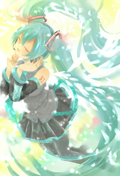 Anime picture 1192x1753 with vocaloid hatsune miku single tall image twintails eyes closed very long hair aqua hair girl skirt detached sleeves necktie headphones