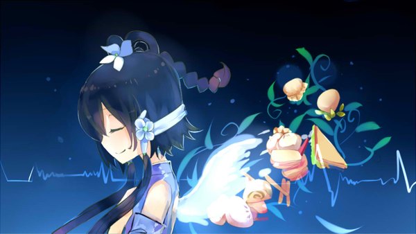 Anime picture 1360x767 with vocaloid vocaloid china luo tianyi single long hair blush black hair smile wide image eyes closed hair flower girl dress hair ornament wings food headphones