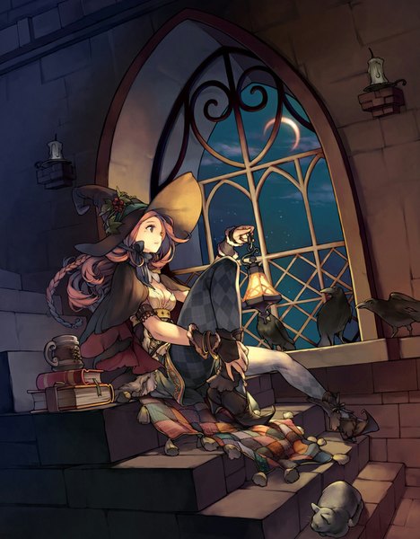 Anime picture 800x1026 with original comet (teamon) single long hair tall image brown hair sitting brown eyes witch crescent girl animal shoes window bird (birds) book (books) moon cat witch hat lamp