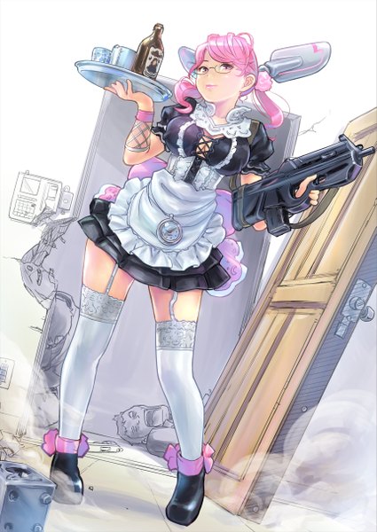 Anime picture 859x1214 with original carina (xiaowoo) single long hair tall image fringe breasts smile large breasts standing twintails pink hair pink eyes maid lacing destruction girl thighhighs uniform weapon