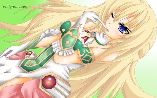 Anime picture 1920x1200 with choujigen game neptune vert long hair highres blue eyes blonde hair wide image one eye closed wink green background girl gloves elbow gloves