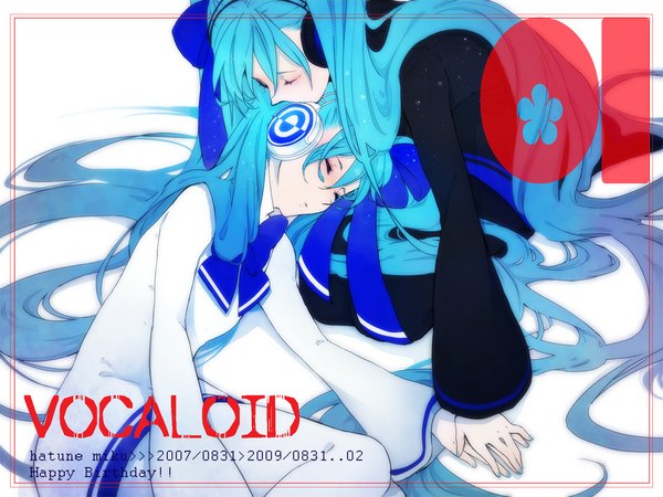 Anime picture 1000x750 with vocaloid hatsune miku etomai twintails multiple girls eyes closed very long hair nail polish aqua hair inscription holding hands reclining kiss dual persona girl bow 2 girls hair bow headphones