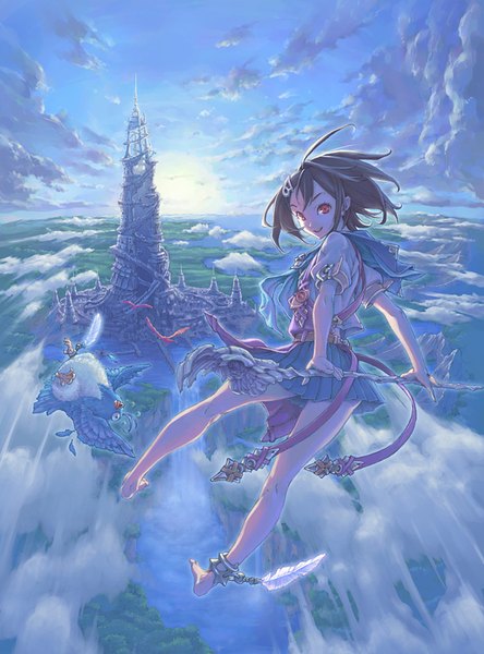 Anime picture 642x866 with original hisakata souji single tall image looking at viewer fringe short hair black hair smile red eyes holding payot sky cloud (clouds) ahoge pleated skirt looking back barefoot wind sunlight