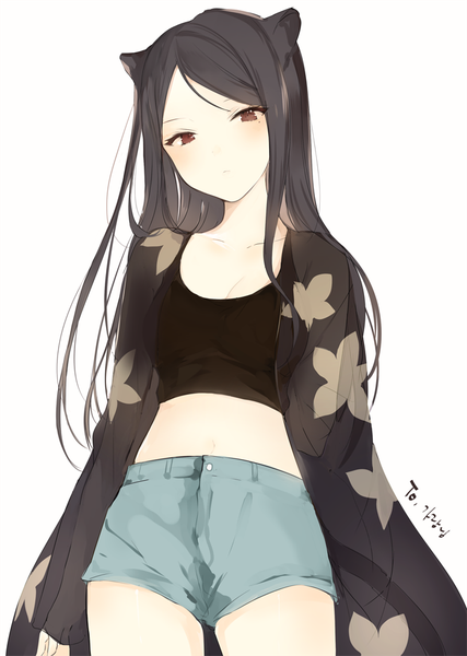 Anime picture 700x984 with original lpip single long hair tall image looking at viewer blush breasts simple background white background brown eyes animal ears cat ears inscription mole mole under eye floral print girl shorts cape