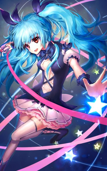 Anime picture 790x1260 with sword girls linus falco single long hair tall image looking at viewer open mouth blue eyes light erotic red eyes twintails cleavage no bra happy leg up girl skirt gloves ribbon (ribbons) hair ribbon