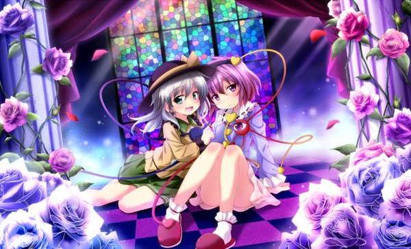 Anime picture 1400x848 with touhou komeiji koishi komeiji satori sui. (ayase) blush short hair open mouth blue eyes wide image purple eyes multiple girls purple hair white hair checkered floor eyes girl dress flower (flowers) 2 girls hat