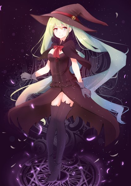 Anime picture 2480x3507 with vocaloid hatsune miku shiguru single tall image fringe highres breasts smile twintails green eyes looking away very long hair green hair night alternate costume magic halloween glow girl