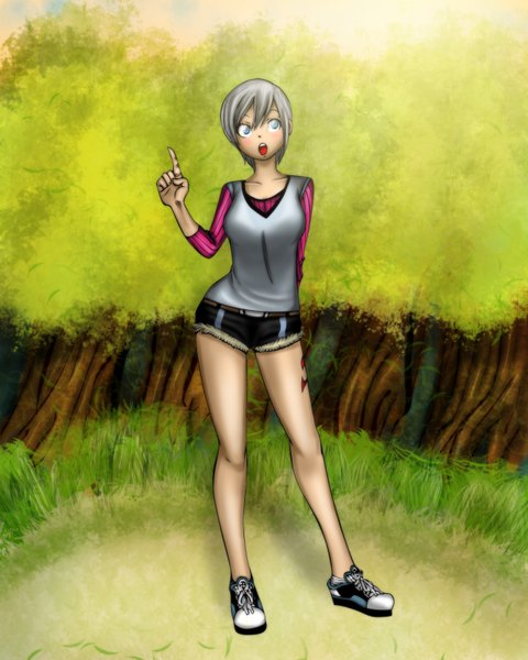 Anime picture 1344x1680 with fairy tail lisanna strauss gray fullbuster (artist) single tall image short hair open mouth blue eyes white hair tattoo coloring girl plant (plants) tree (trees) shorts