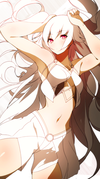 Anime picture 1500x2668 with original c.c.r single tall image looking at viewer blush fringe hair between eyes red eyes bare shoulders very long hair arms up bare belly armpit (armpits) midriff shiny skin girl navel shorts crop top