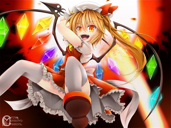 Anime picture 1280x960 with touhou flandre scarlet inyuppo (artist) single short hair open mouth blonde hair red eyes legs girl thighhighs dress weapon white thighhighs wings bonnet crystal laevatein (touhou)
