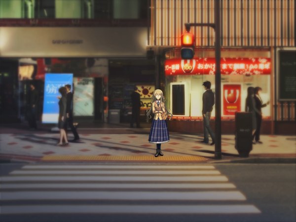Anime picture 1600x1200 with chaos;head kusonoki yua long hair blonde hair standing pleated skirt blurry crosswalk crossroads girl skirt glasses serafuku school bag blazer people traffic lights