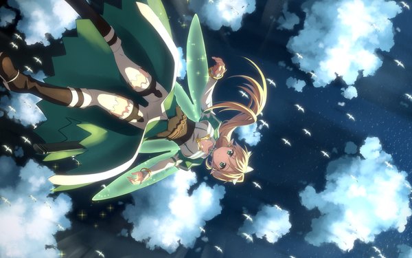 Anime picture 2560x1600 with sword art online a-1 pictures leafa yuuki tatsuya single long hair looking at viewer highres blonde hair wide image green eyes sky cloud (clouds) ponytail from below wallpaper flying girl thighhighs dress