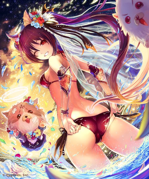 Anime picture 1500x1800 with shingeki no bahamut cerberus (shingeki no bahamut) tachikawa mushimaro (bimo) single long hair tall image looking at viewer fringe light erotic smile hair between eyes red eyes bare shoulders animal ears purple hair ass ponytail tail animal tail one eye closed