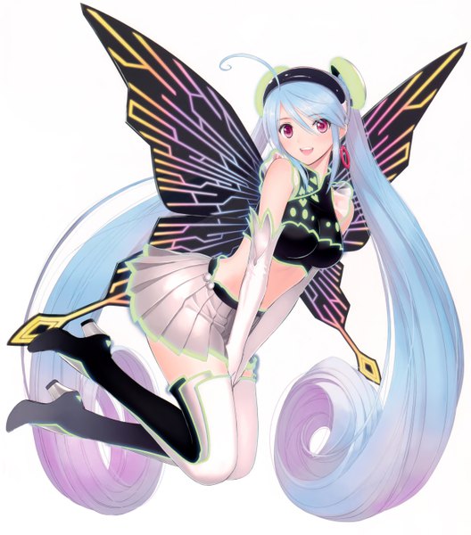 Anime picture 4893x5556 with tony taka single tall image looking at viewer highres simple background white background twintails blue hair absurdres very long hair pink eyes insect wings butterfly wings girl skirt gloves miniskirt wings elbow gloves