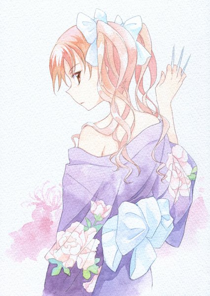 Anime picture 710x1000 with to aru kagaku no railgun j.c. staff shirai kuroko agahari single long hair tall image looking at viewer simple background white background twintails bare shoulders brown eyes pink hair traditional clothes japanese clothes profile looking back floral print wavy hair