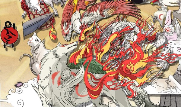 Anime picture 1920x1141 with okami amaterasu (okami) highres wide image cloud (clouds) hieroglyph animal bird (birds) cat fish (fishes) fire dragon wolf scroll monkey