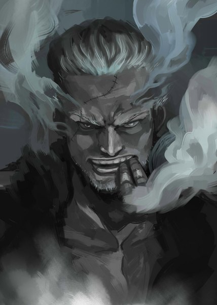 Anime picture 800x1120 with one piece toei animation smoker (one piece) koga single tall image looking at viewer short hair holding silver hair mouth hold smoke silver eyes smoking boy cigar