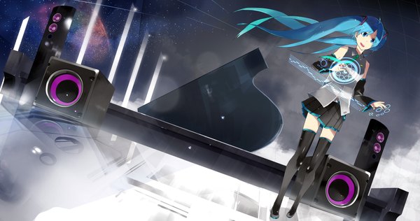 Anime picture 2000x1056 with vocaloid hatsune miku yuu (yu1you2iu3) long hair highres blue eyes wide image twintails blue hair girl thighhighs skirt detached sleeves miniskirt speakers