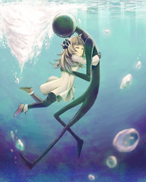 Anime picture 800x1000 with deemo girl (deemo) deemo (character) aogin (blueag) long hair tall image smile brown hair eyes closed hug underwater girl dress bubble (bubbles)
