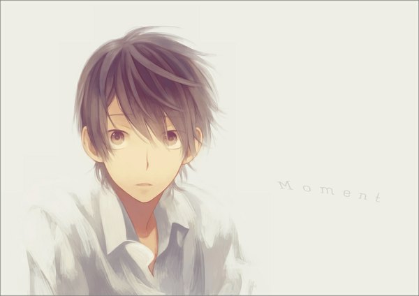 Anime picture 1062x752 with original too mizuguchi single looking at viewer short hair simple background brown hair brown eyes portrait face open collar boy shirt