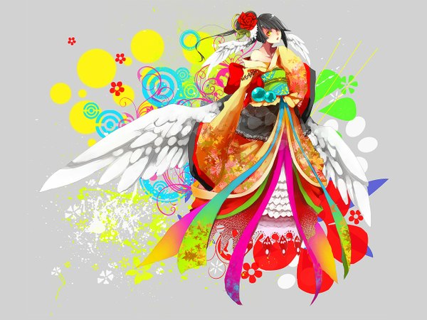 Anime picture 1280x960 with original anzu (astro75) single fringe short hair black hair simple background bare shoulders yellow eyes japanese clothes hair flower hair over one eye head wings girl hair ornament flower (flowers) wings kimono rose (roses)
