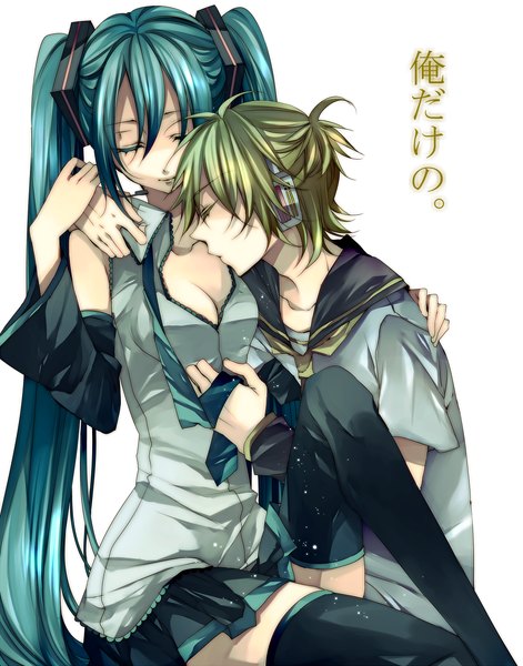 Anime picture 1100x1400 with vocaloid hatsune miku kagamine len tsukioka tsukiho long hair tall image simple background blonde hair smile white background twintails eyes closed very long hair aqua hair couple kiss girl thighhighs skirt detached sleeves