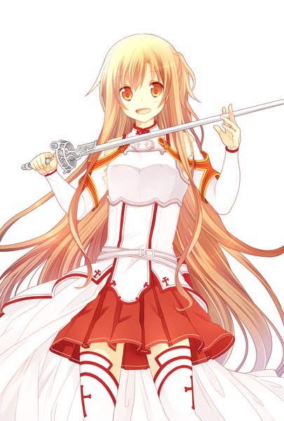 Anime picture 1328x1966 with sword art online a-1 pictures yuuki asuna hanahubuki1991 tall image looking at viewer blush open mouth simple background blonde hair white background very long hair orange eyes girl skirt weapon sword