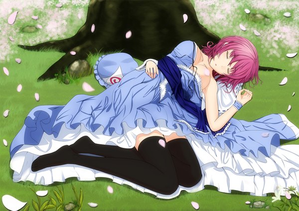 Anime picture 1600x1131 with touhou saigyouji yuyuko lemoo single short hair breasts light erotic pink hair lying eyes closed japanese clothes sleeping girl thighhighs black thighhighs plant (plants) petals tree (trees)