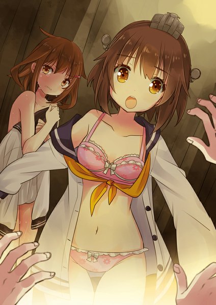 Anime picture 620x877 with kantai collection ikazuchi destroyer yukikaze destroyer izumi minami tall image blush short hair breasts open mouth light erotic brown hair multiple girls brown eyes open clothes open shirt tears undressing girl navel underwear