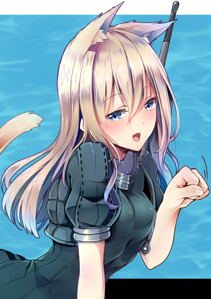 Anime picture 704x999 with kantai collection u-511 submarine suitenjh long hair tall image fringe blonde hair hair between eyes animal ears upper body tail animal tail cat ears cat girl cat tail kemonomimi mode paw pose girl uniform