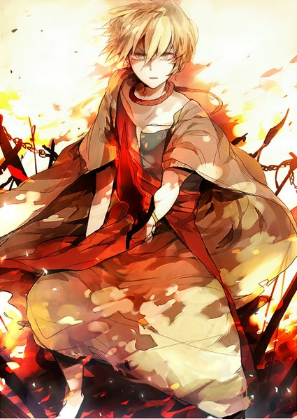 Anime picture 990x1399 with magi the labyrinth of magic a-1 pictures ali baba saluja ayatoki-1 single tall image looking at viewer fringe short hair blonde hair holding yellow eyes traditional clothes parted lips wind wide sleeves outstretched arm weapon fire flame