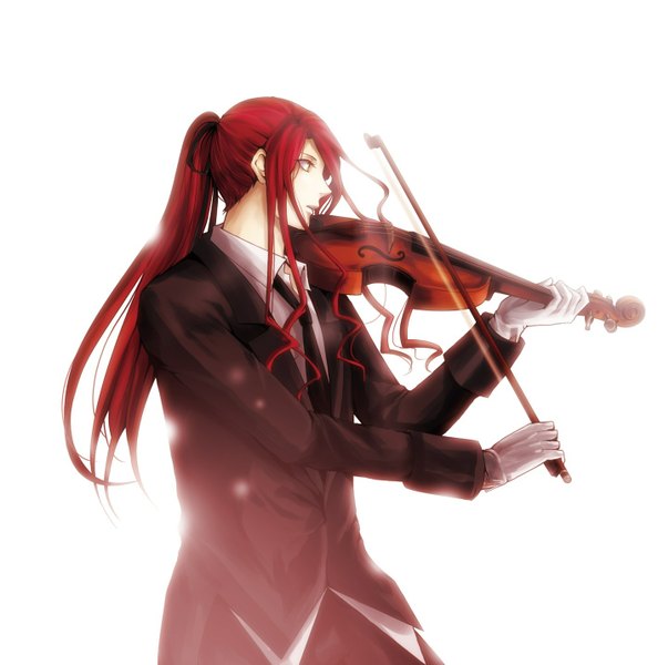 Anime picture 1417x1433 with will o' wisp (game) yu-ka (artist) single long hair tall image red eyes ponytail red hair boy gloves necktie suit violin bow (instrument)