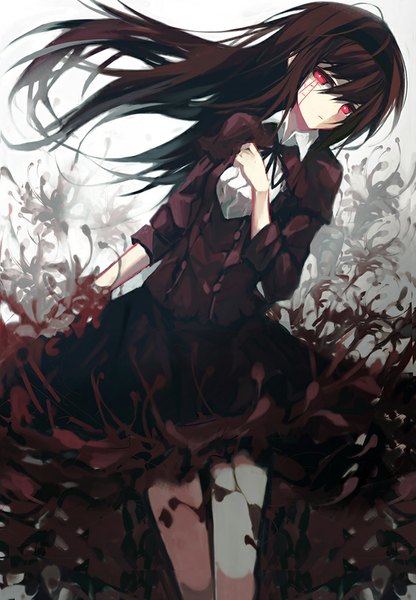 Anime picture 694x1000 with mahou shoujo madoka magica shaft (studio) akemi homura homulilly zen33n single long hair tall image looking at viewer black hair red eyes wind magical girl girl dress flower (flowers) hairband higanbana