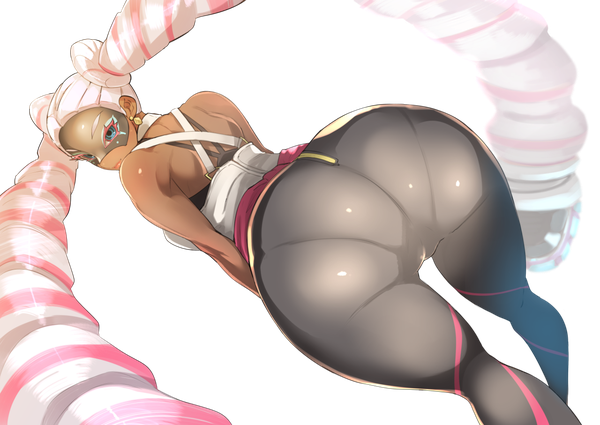 Anime picture 1280x907 with arms (game) nintendo twintelle (arms) nuezou (artist) single looking at viewer blue eyes light erotic smile standing twintails bare shoulders pink hair silver hair ass very long hair looking back multicolored hair lips two-tone hair