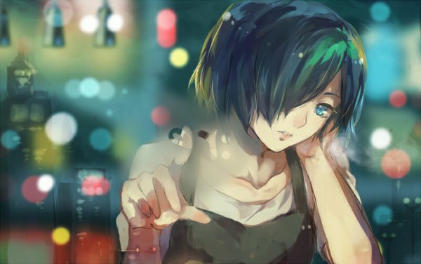 Anime picture 800x503 with tokyo ghoul studio pierrot kirishima touka fuurin single looking at viewer fringe short hair blue eyes black hair parted lips head tilt hair over one eye inscription city close-up cityscape hand on face head rest city lights
